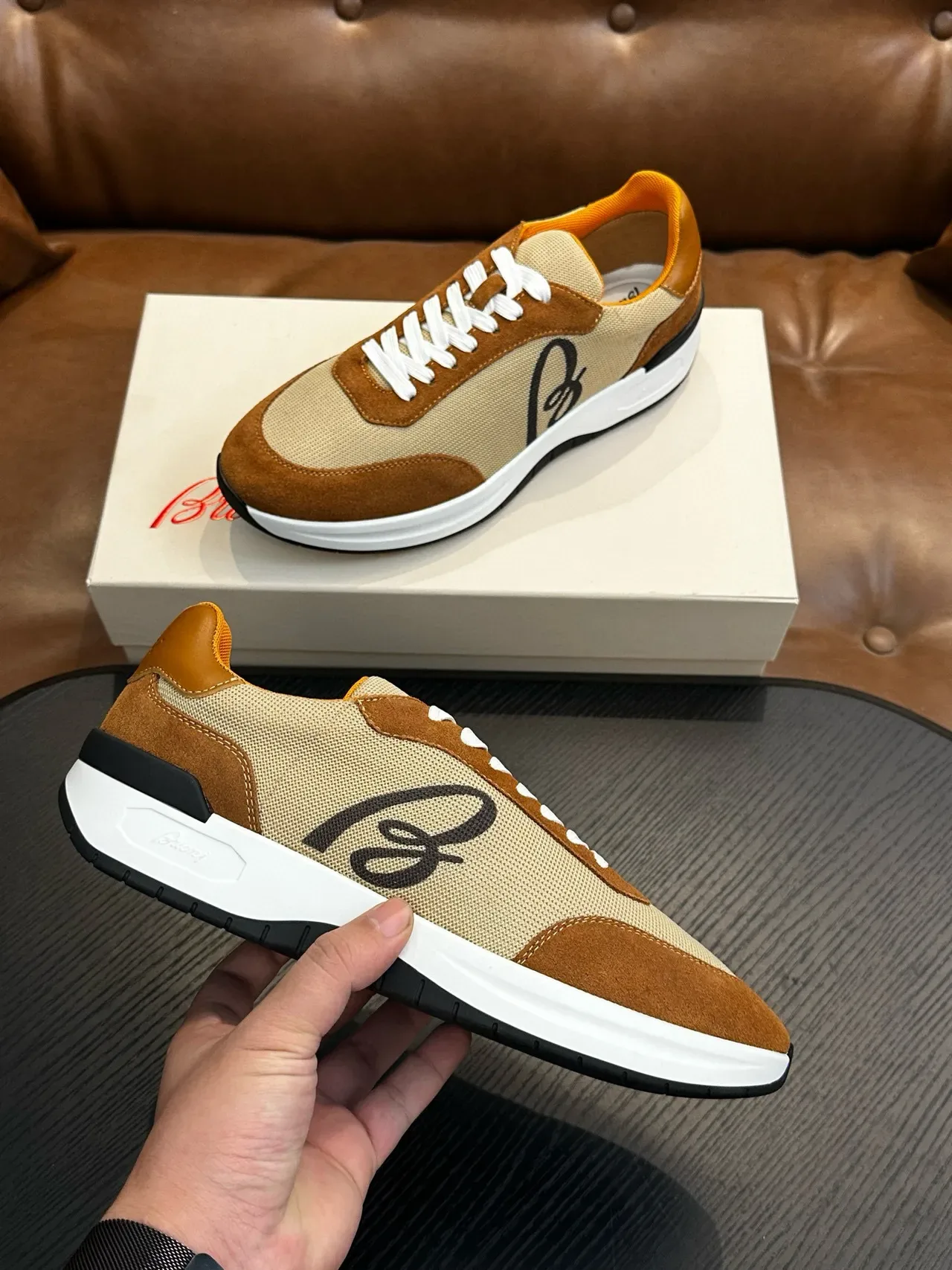 Brioni Beige Brown Mixed-Material Upper Suede And Mesh Construction Sneakers 6