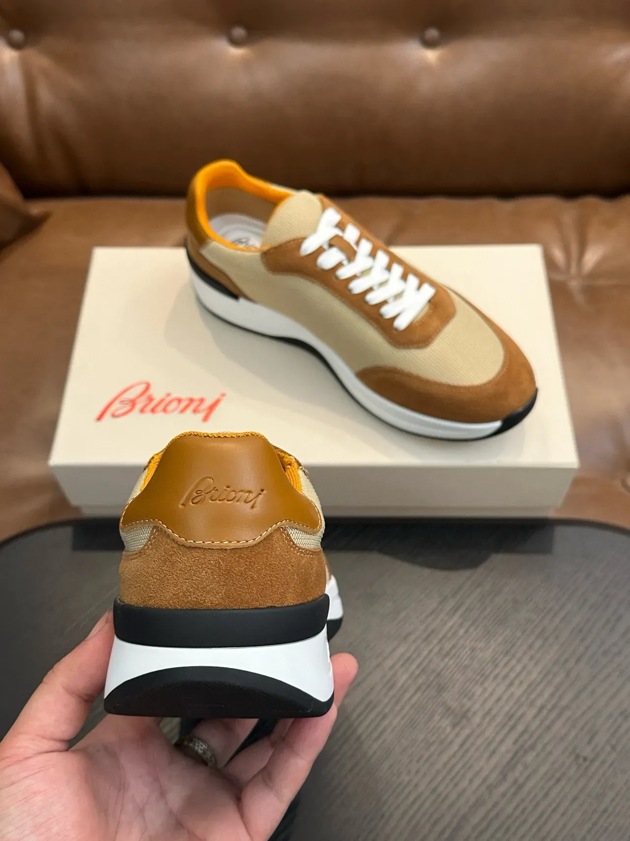 Brioni Beige Brown Mixed-Material Upper Suede And Mesh Construction Sneakers 9