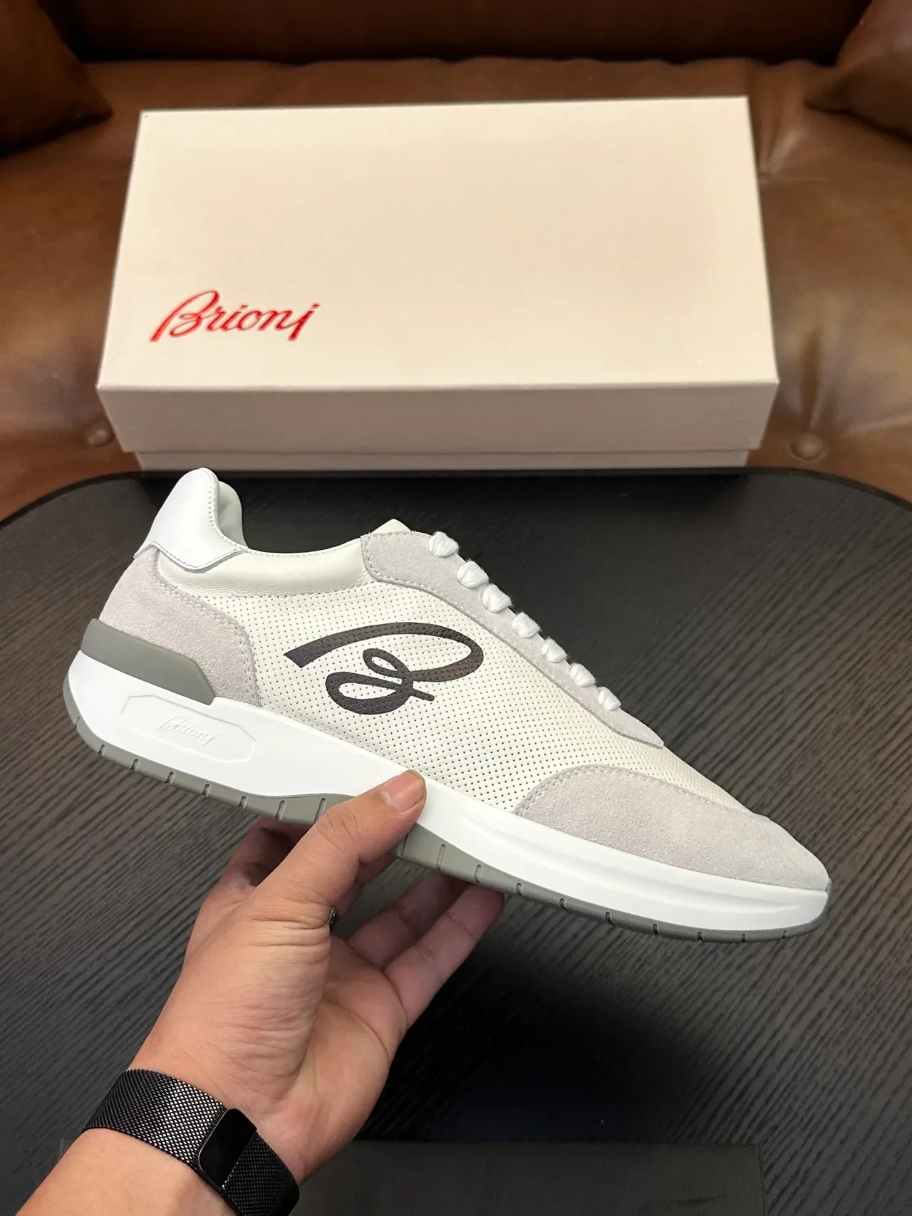 Brioni White and Gray Perforated Mesh Lifestyle Sneakers 2