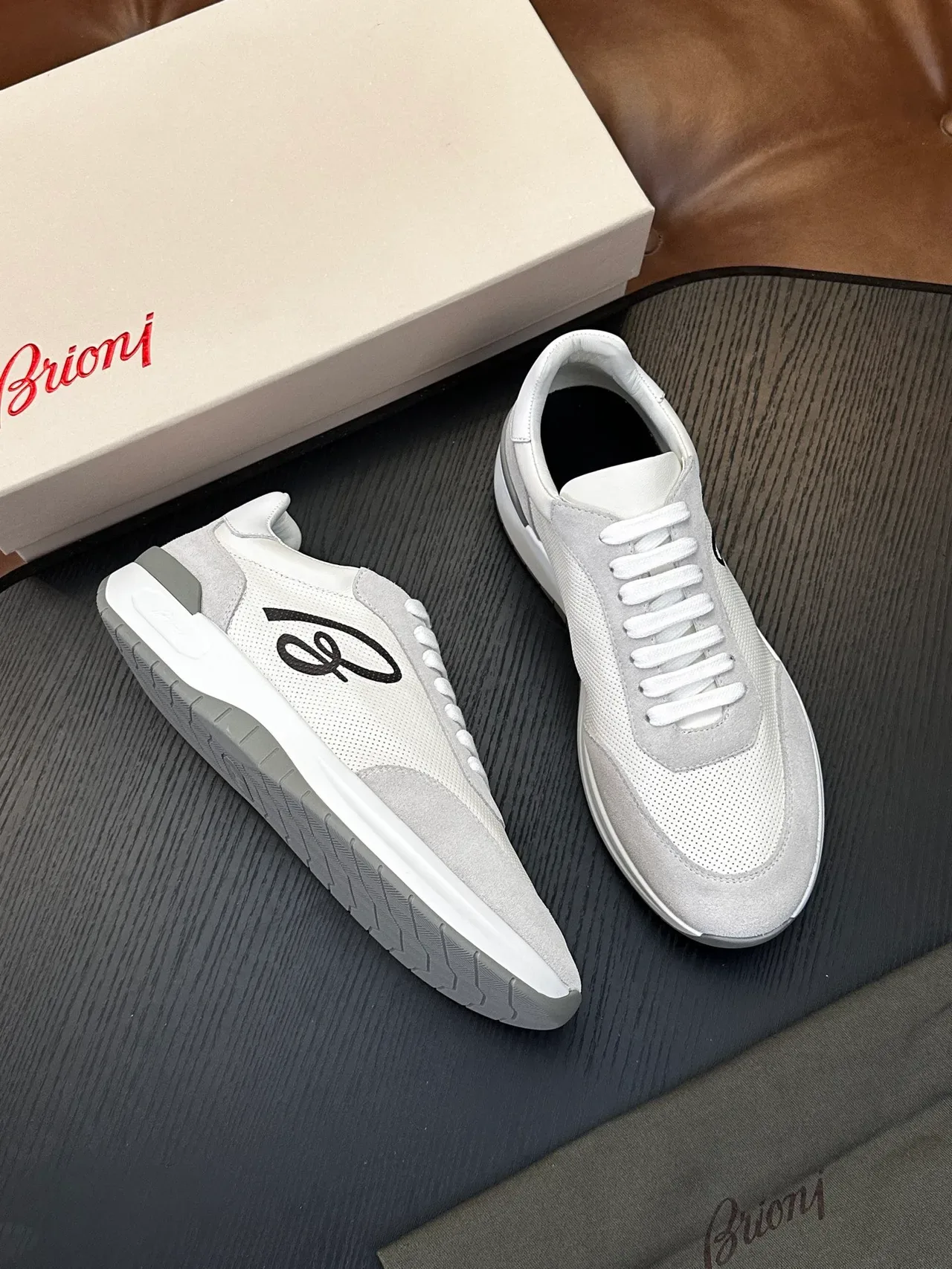 Brioni White and Gray Perforated Mesh Lifestyle Sneakers 4