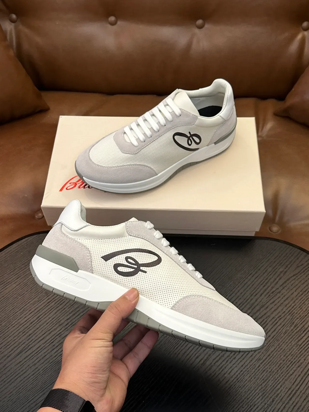 Brioni White and Gray Perforated Mesh Lifestyle Sneakers 5