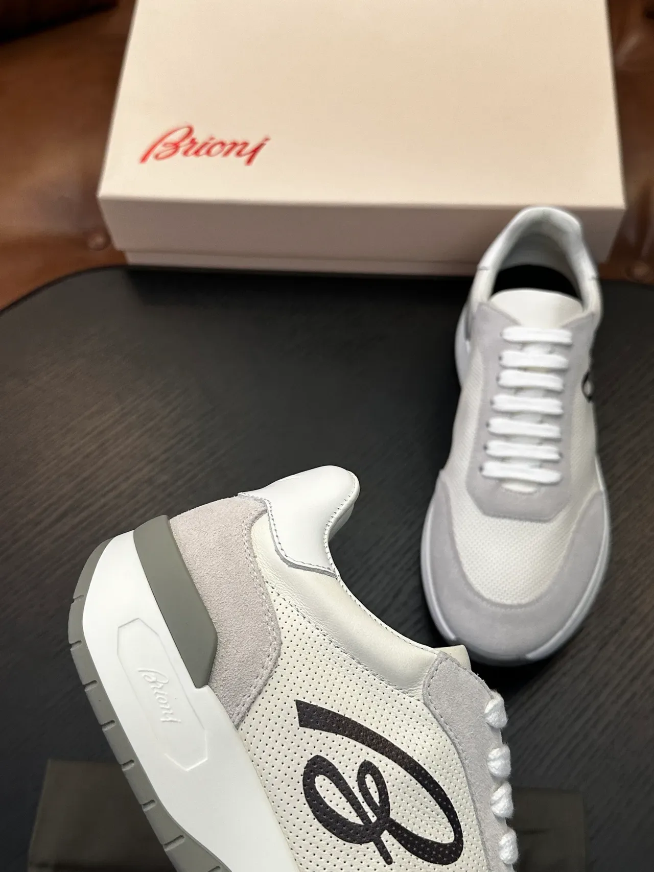 Brioni White and Gray Perforated Mesh Lifestyle Sneakers 7