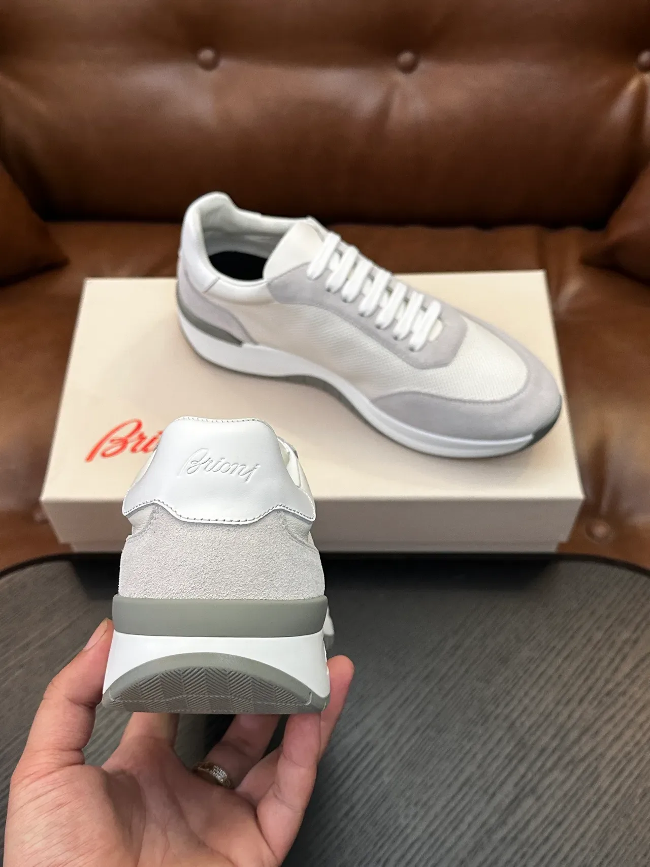 Brioni White and Gray Perforated Mesh Lifestyle Sneakers 8