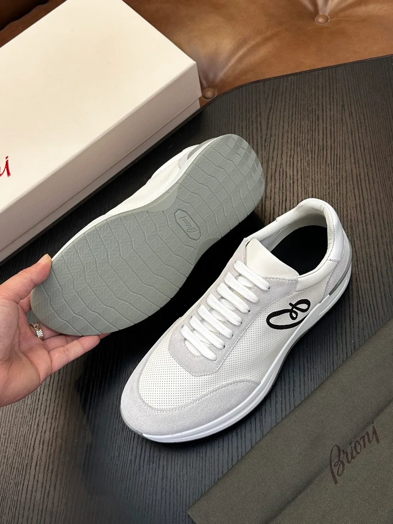 Brioni White and Gray Perforated Mesh Lifestyle Sneakers 9
