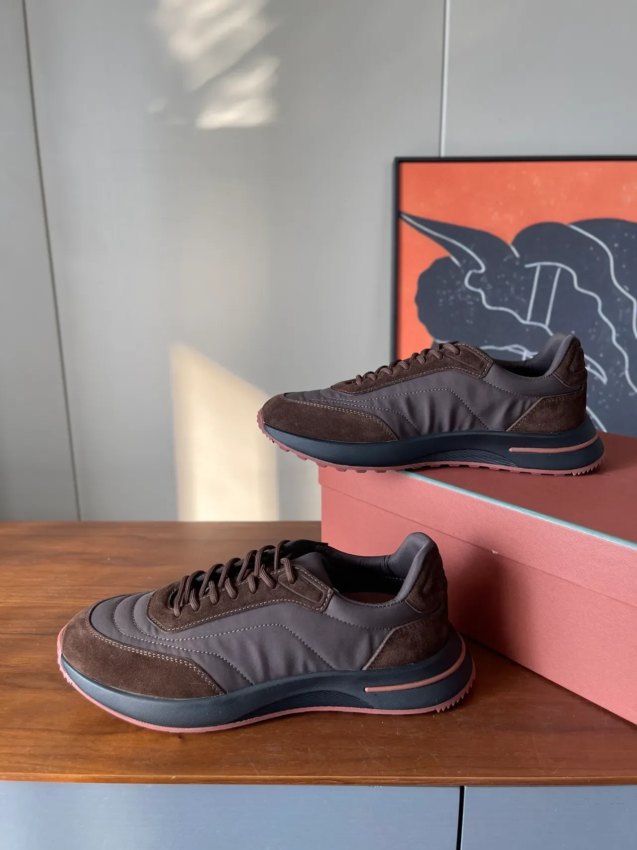 Brown and Gray Mixed-Material Low-Top Lifestyle Sneakers 2