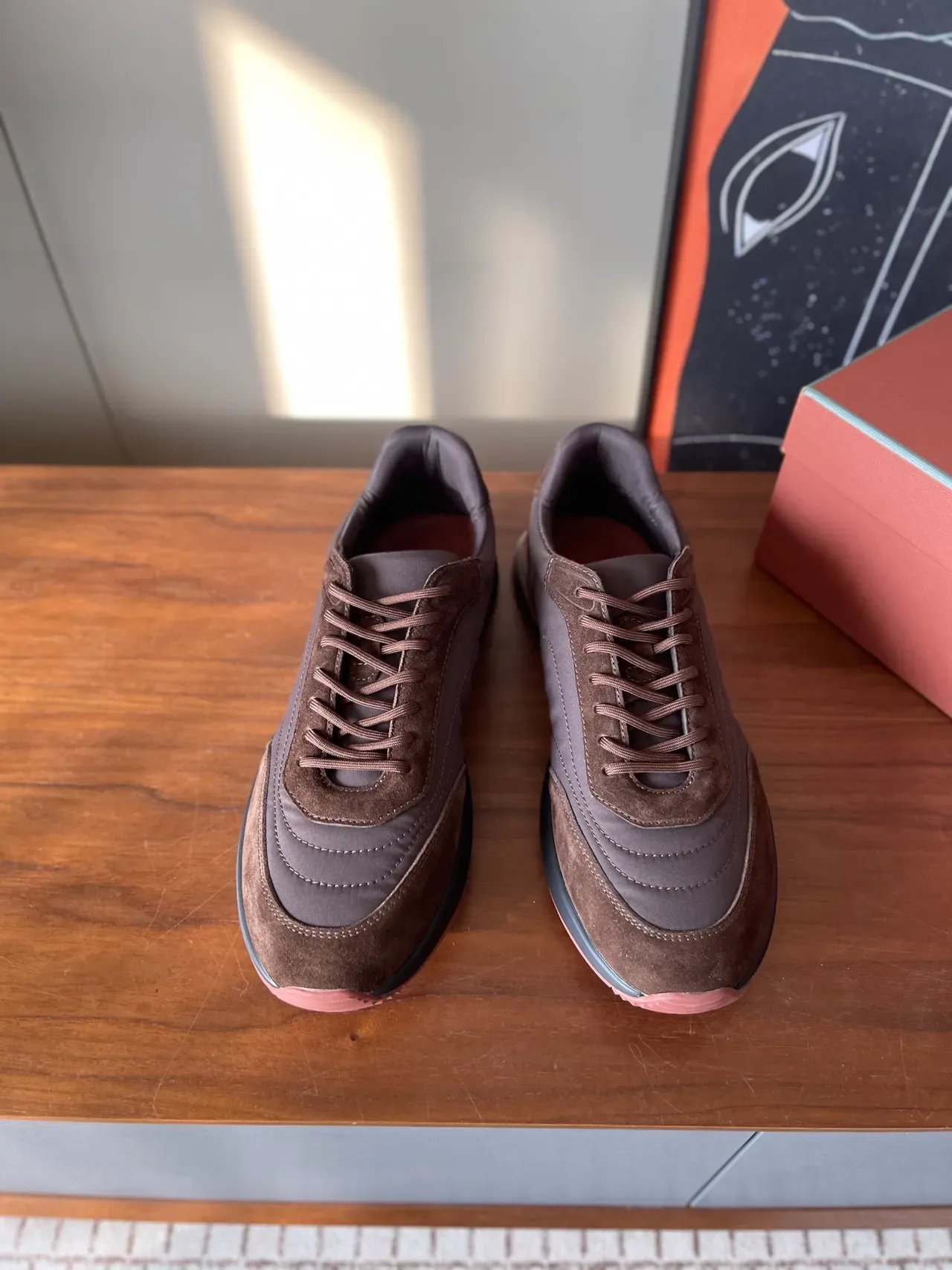 Brown and Gray Mixed-Material Low-Top Lifestyle Sneakers 4