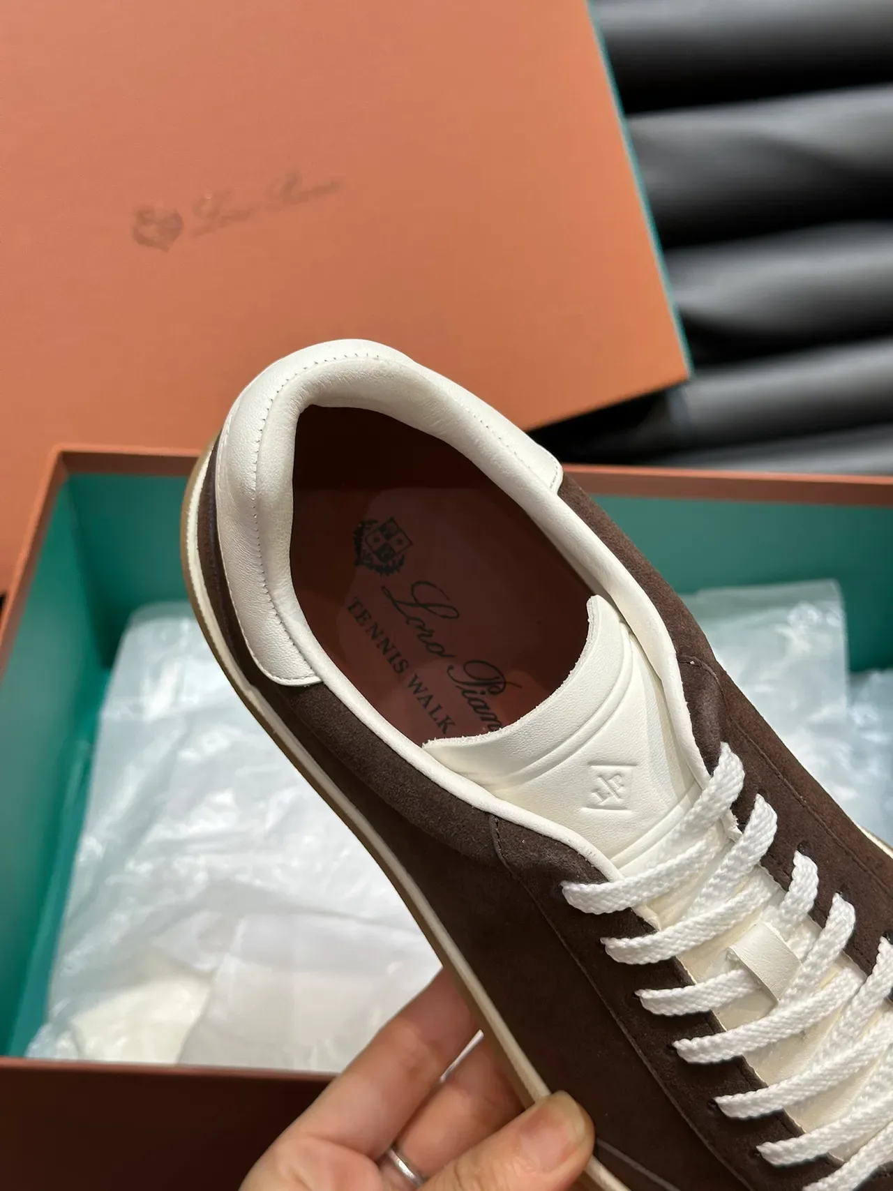 Brown Beige Suede Upper Contrast Off-White Heel Tab Sneakers 3