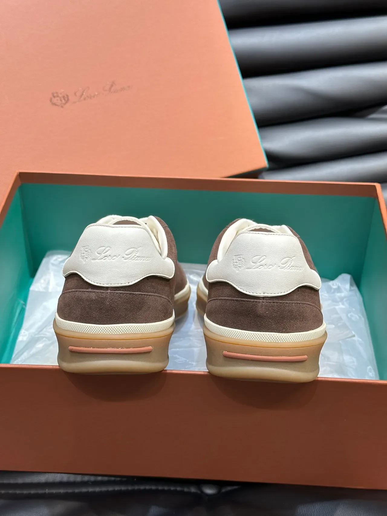 Brown Beige Suede Upper Contrast Off-White Heel Tab Sneakers 4