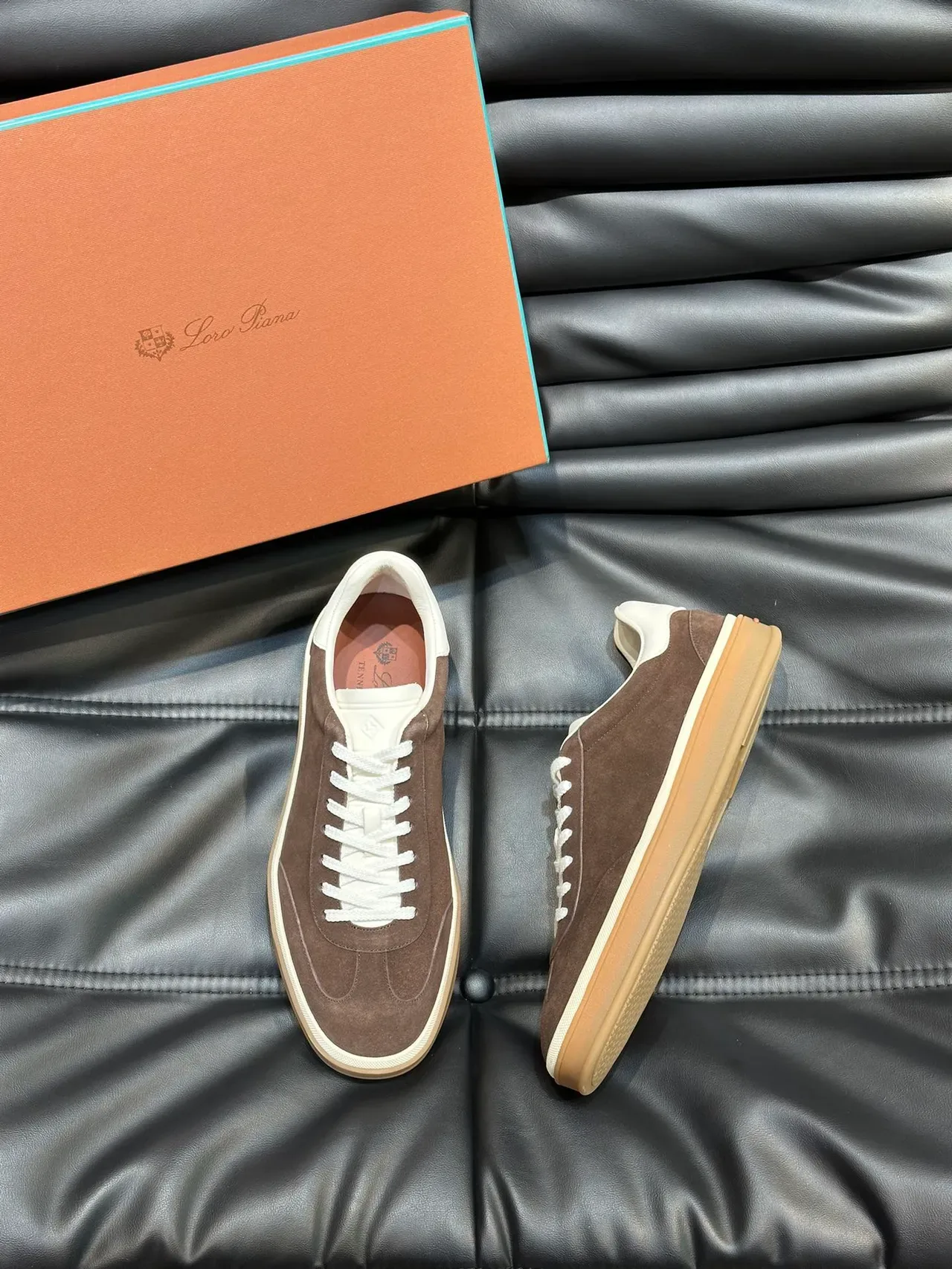 Brown Beige Suede Upper Contrast Off-White Heel Tab Sneakers 5