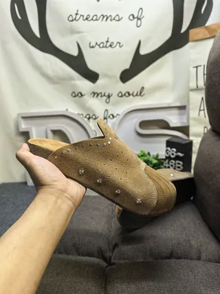 Brown Beige Suede Upper Cork Sole Slippers 5