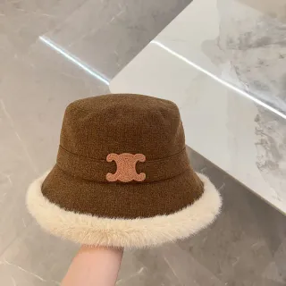 Brown Beige Tweed Crown Faux Fur Brim Trim Bucket Hat