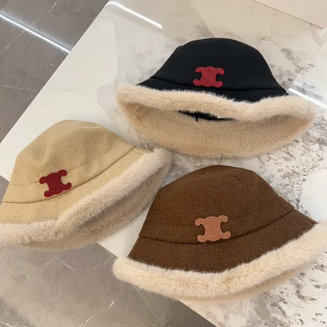 Brown Beige Tweed Crown Faux Fur Brim Trim Bucket Hat 2