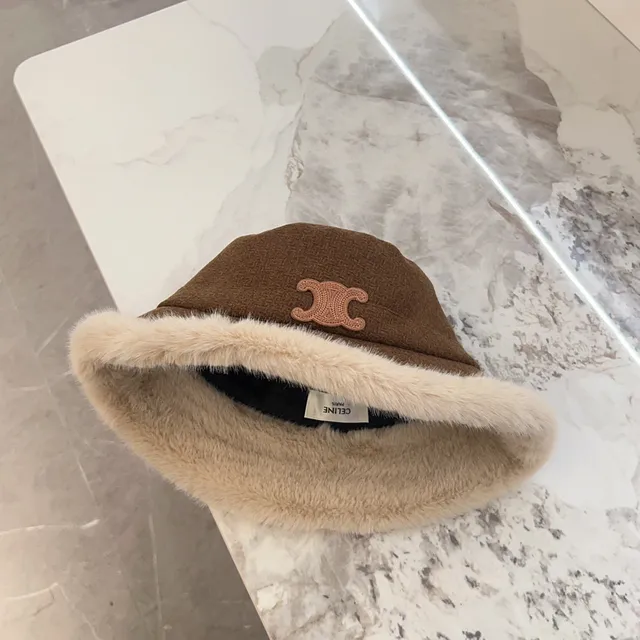 Brown Beige Tweed Crown Faux Fur Brim Trim Bucket Hat 3