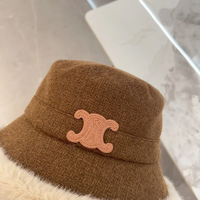 Brown Beige Tweed Crown Faux Fur Brim Trim Bucket Hat 4