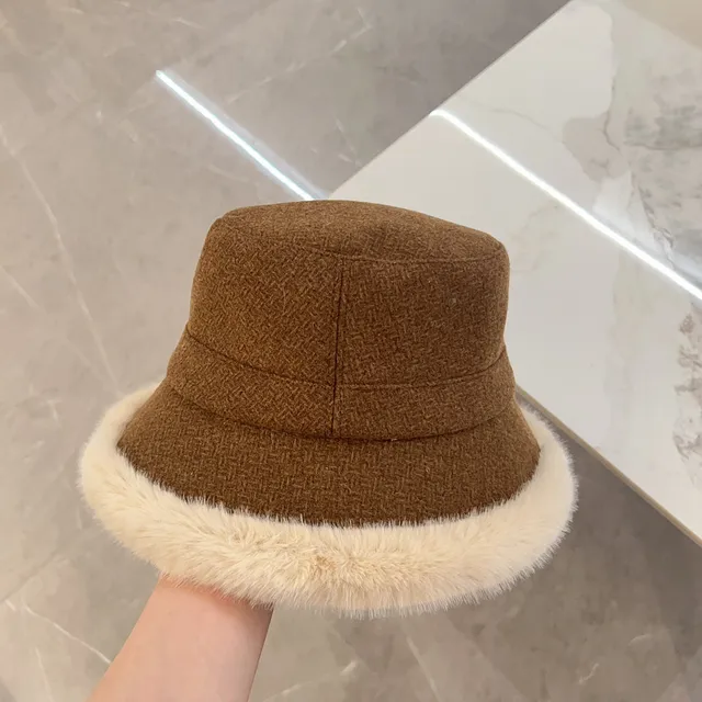 Brown Beige Tweed Crown Faux Fur Brim Trim Bucket Hat 5