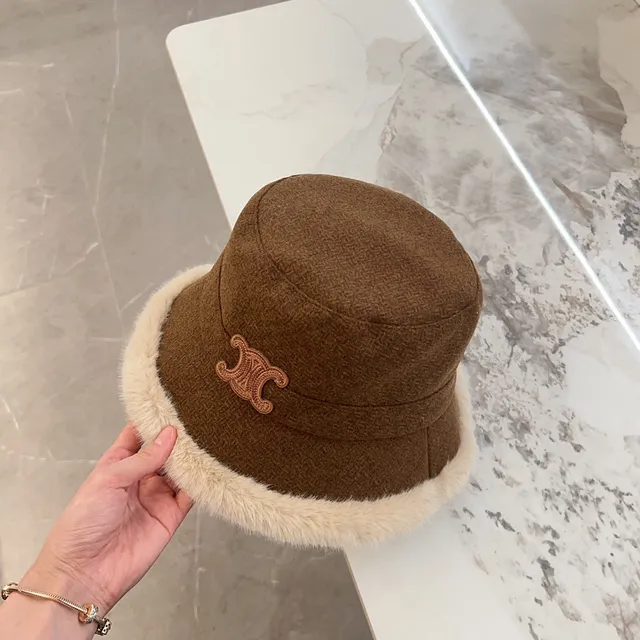 Brown Beige Tweed Crown Faux Fur Brim Trim Bucket Hat 6