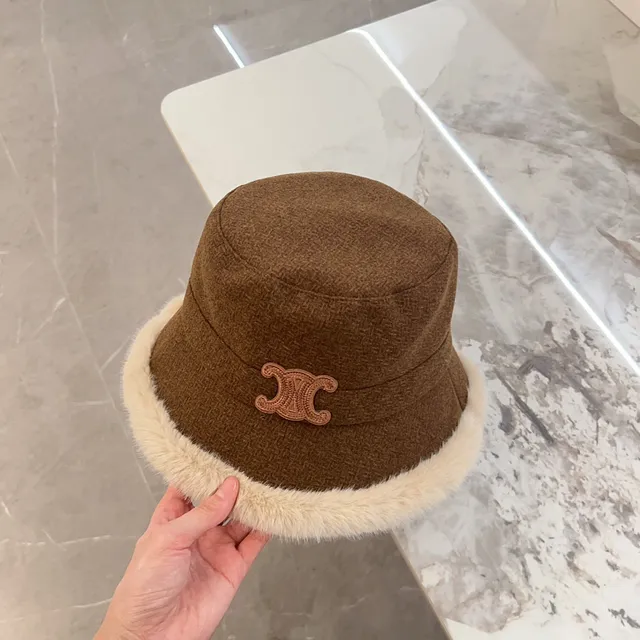 Brown Beige Tweed Crown Faux Fur Brim Trim Bucket Hat 7
