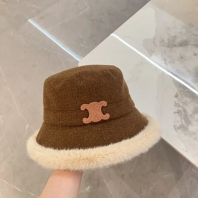 Brown Beige Tweed Crown Faux Fur Brim Trim Bucket Hat 8