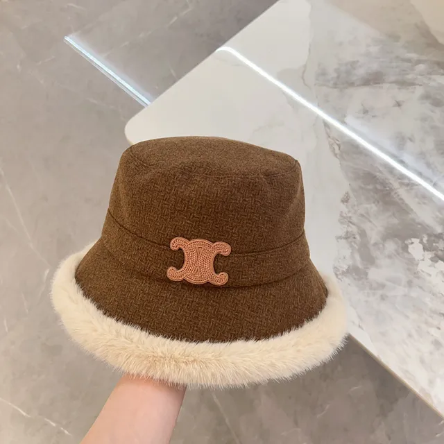 Brown Beige Tweed Crown Faux Fur Brim Trim Bucket Hat 9