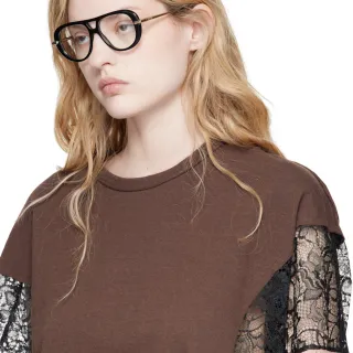 Brown Black Relaxed Fit Lace-Insert Sleeves T-Shirt