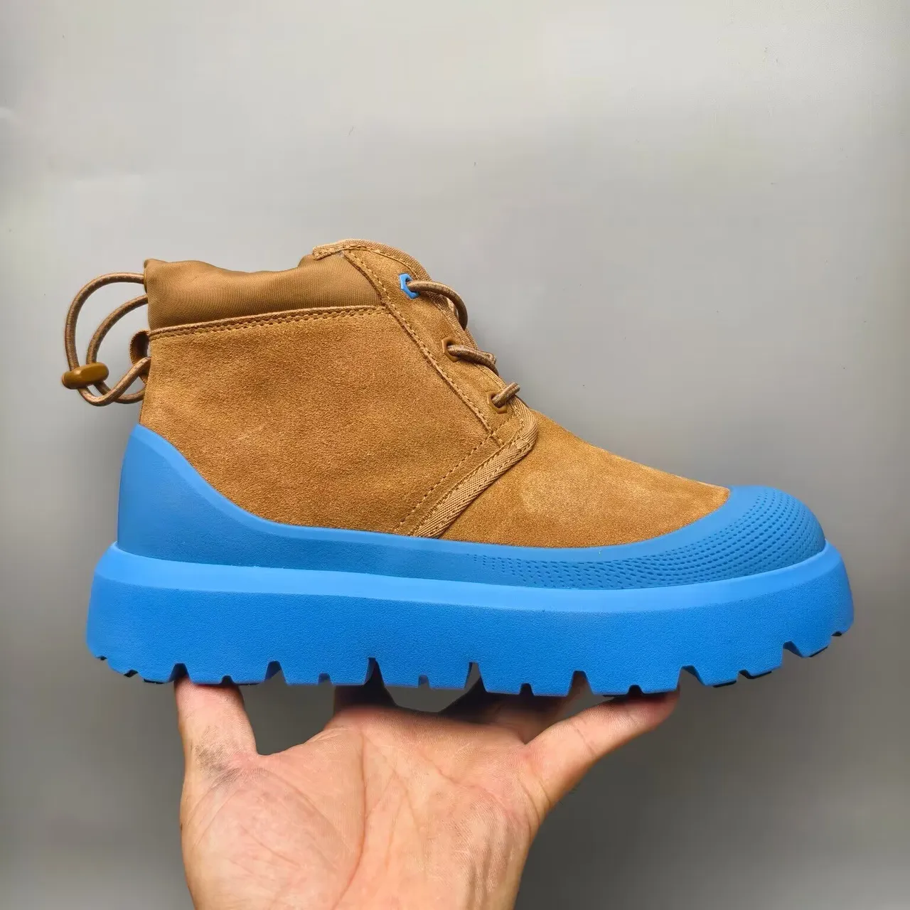 Brown Blue Suede Upper Vibrant Chunky Lug Sole Ankle Boots 2
