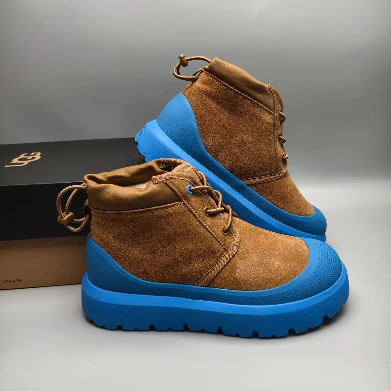 Brown Blue Suede Upper Vibrant Chunky Lug Sole Ankle Boots 3