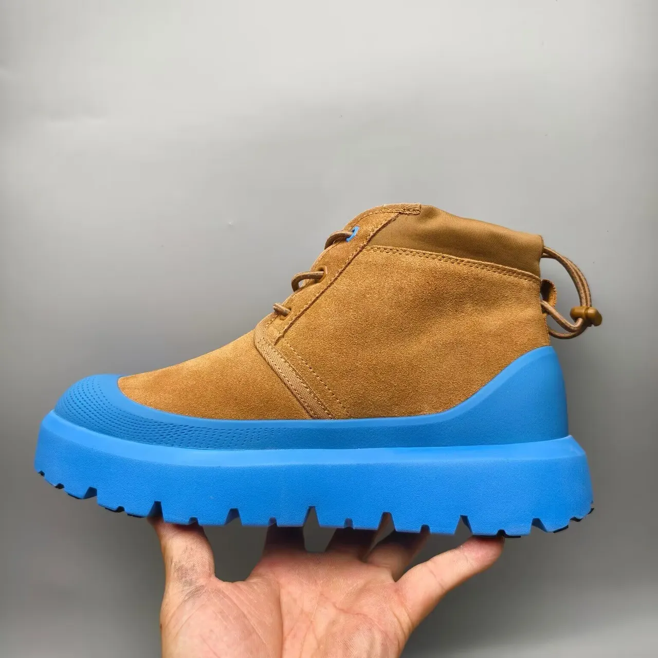 Brown Blue Suede Upper Vibrant Chunky Lug Sole Ankle Boots 4