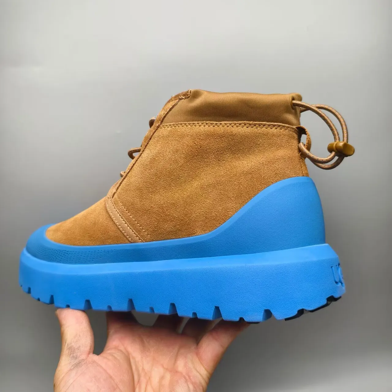 Brown Blue Suede Upper Vibrant Chunky Lug Sole Ankle Boots 6