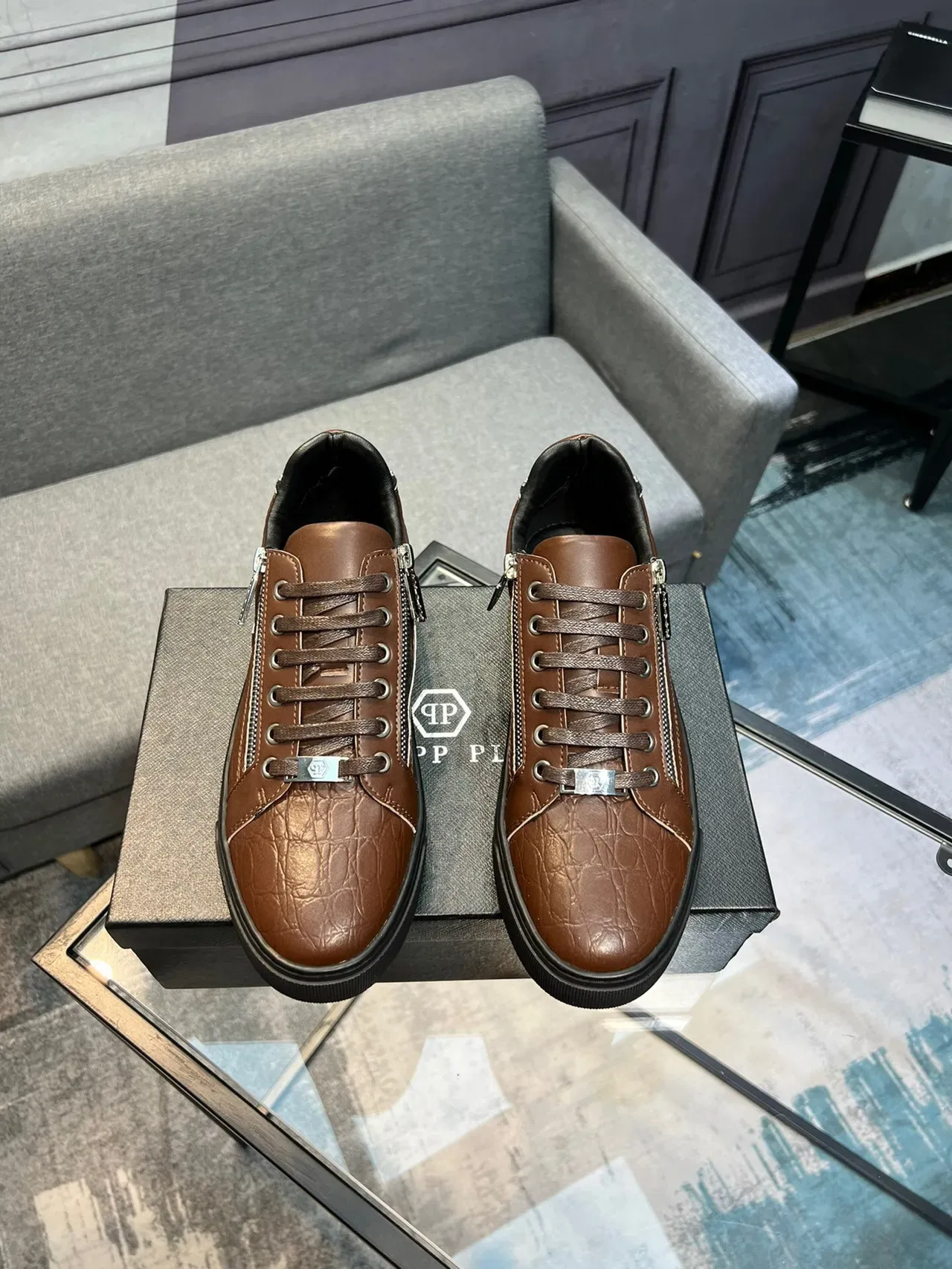Brown Croc-Embossed Leather Zipper Sneakers 2