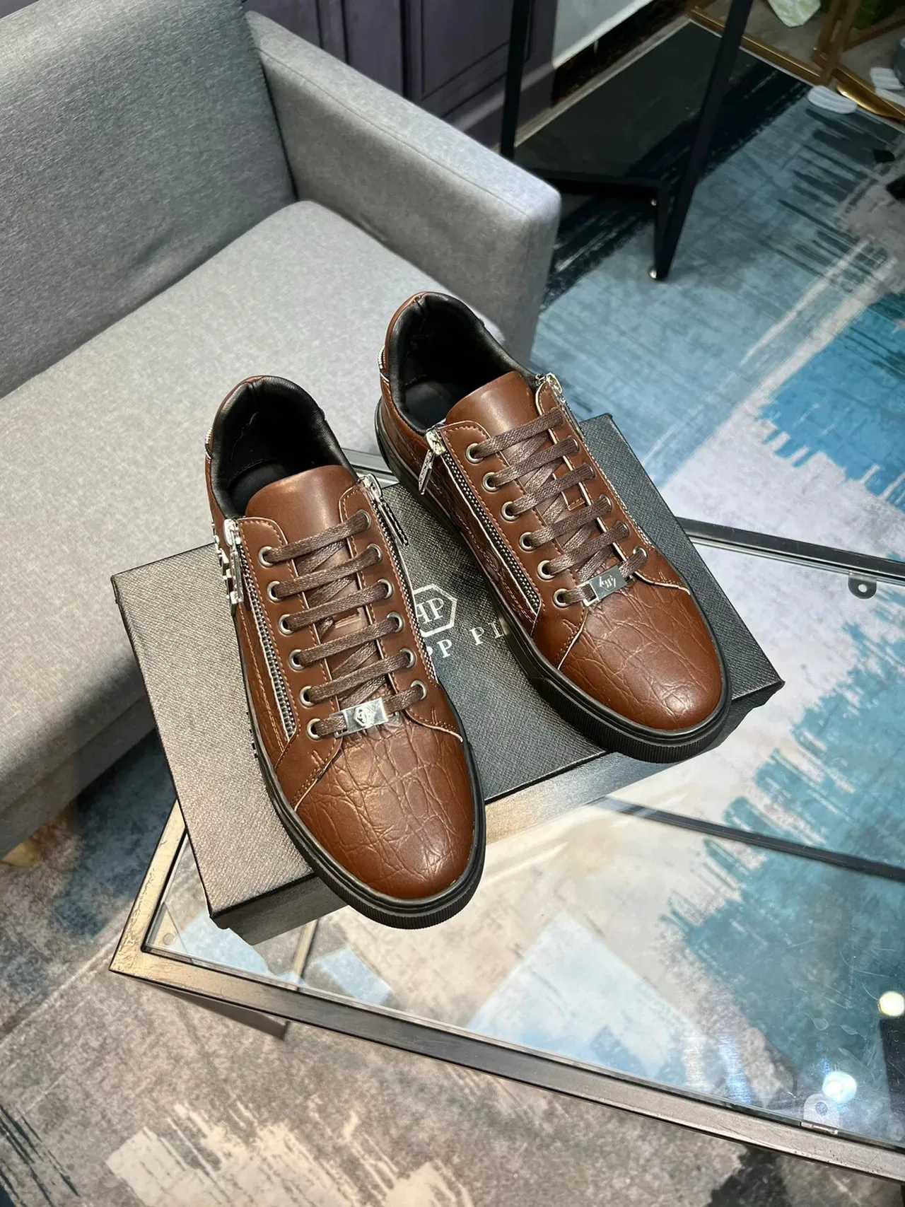 Brown Croc-Embossed Leather Zipper Sneakers 4