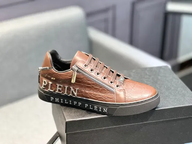 Brown Croc-Embossed Leather Zipper Sneakers 9