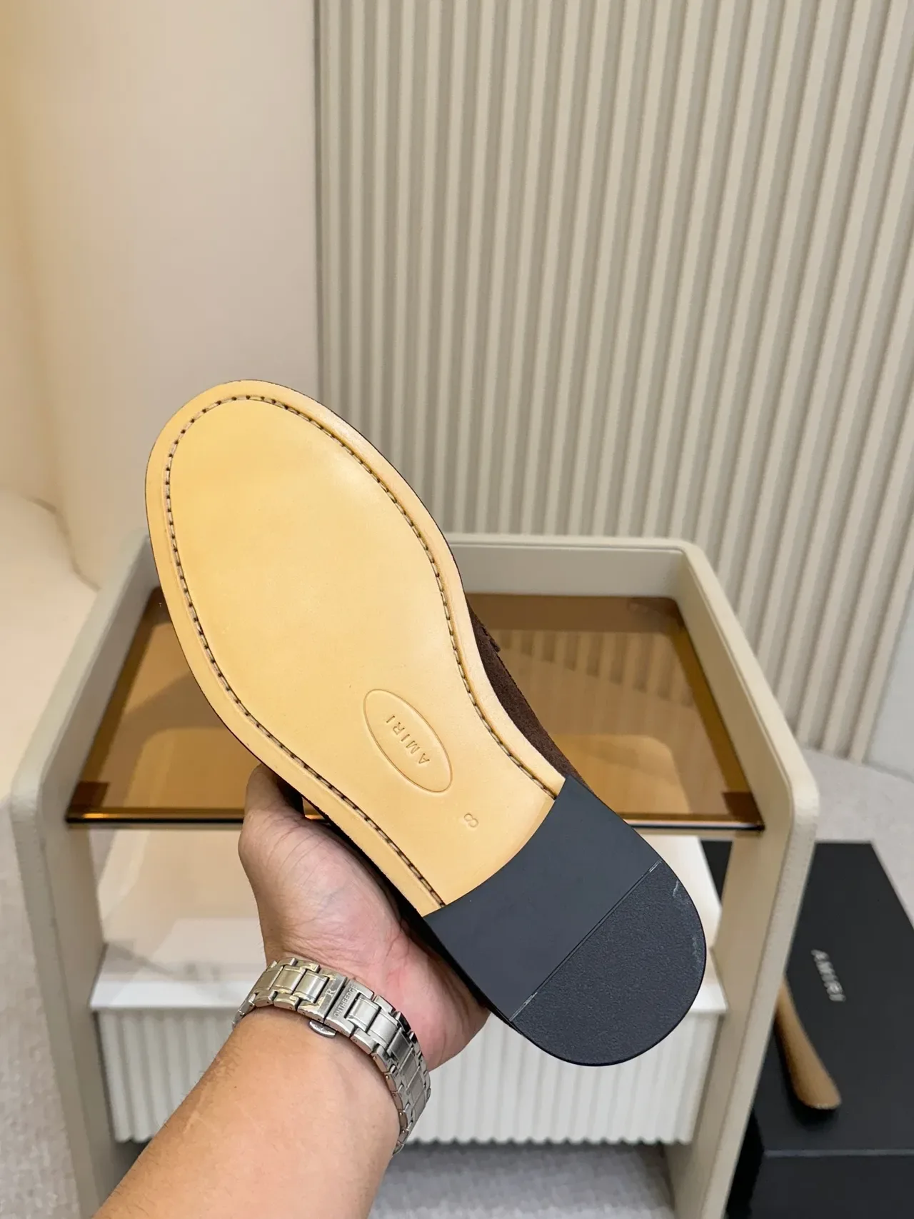 Brown Gold Suede Upper Chain-Link Logo Hardware Loafer 2