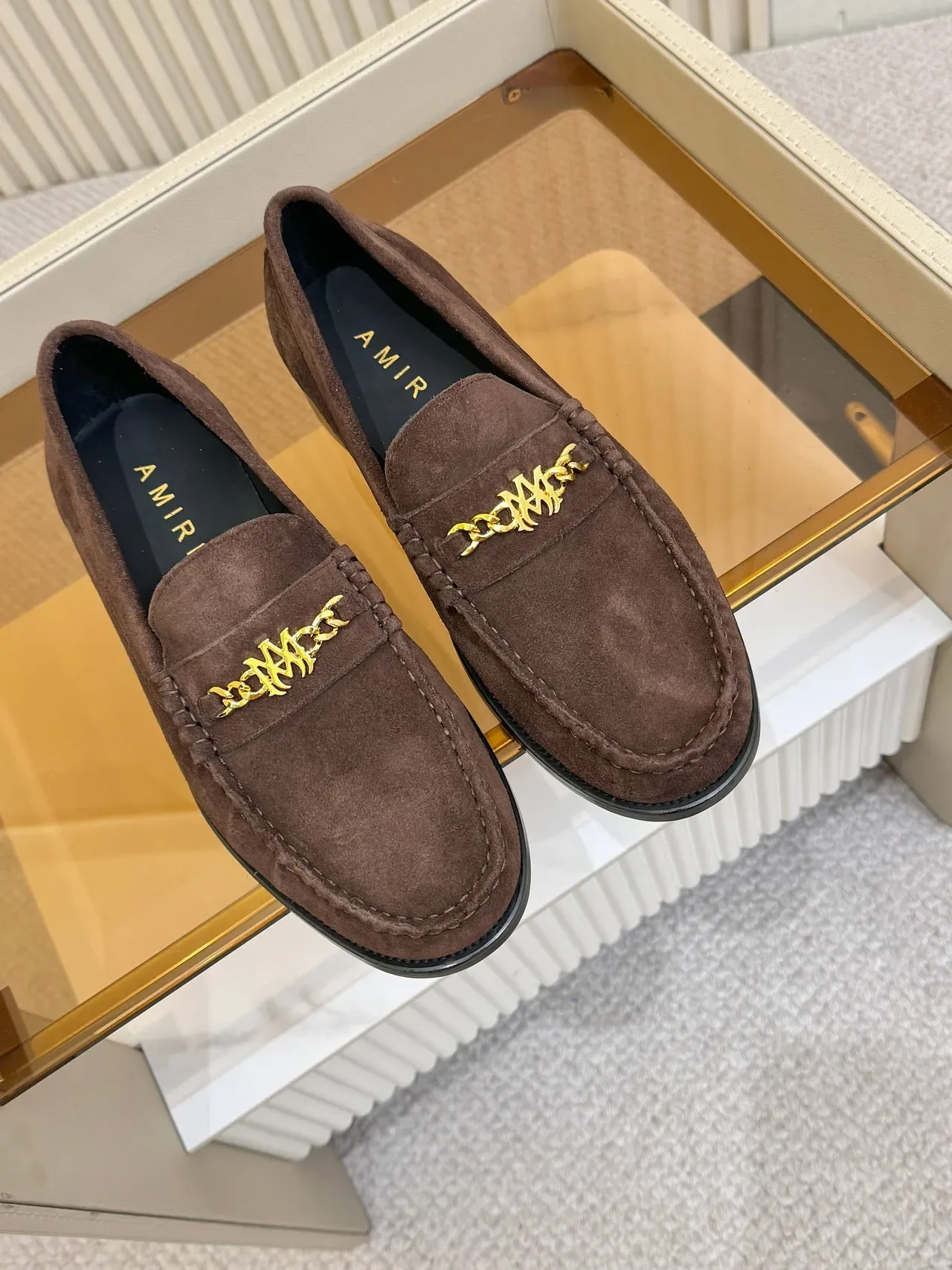 Brown Gold Suede Upper Chain-Link Logo Hardware Loafer 4
