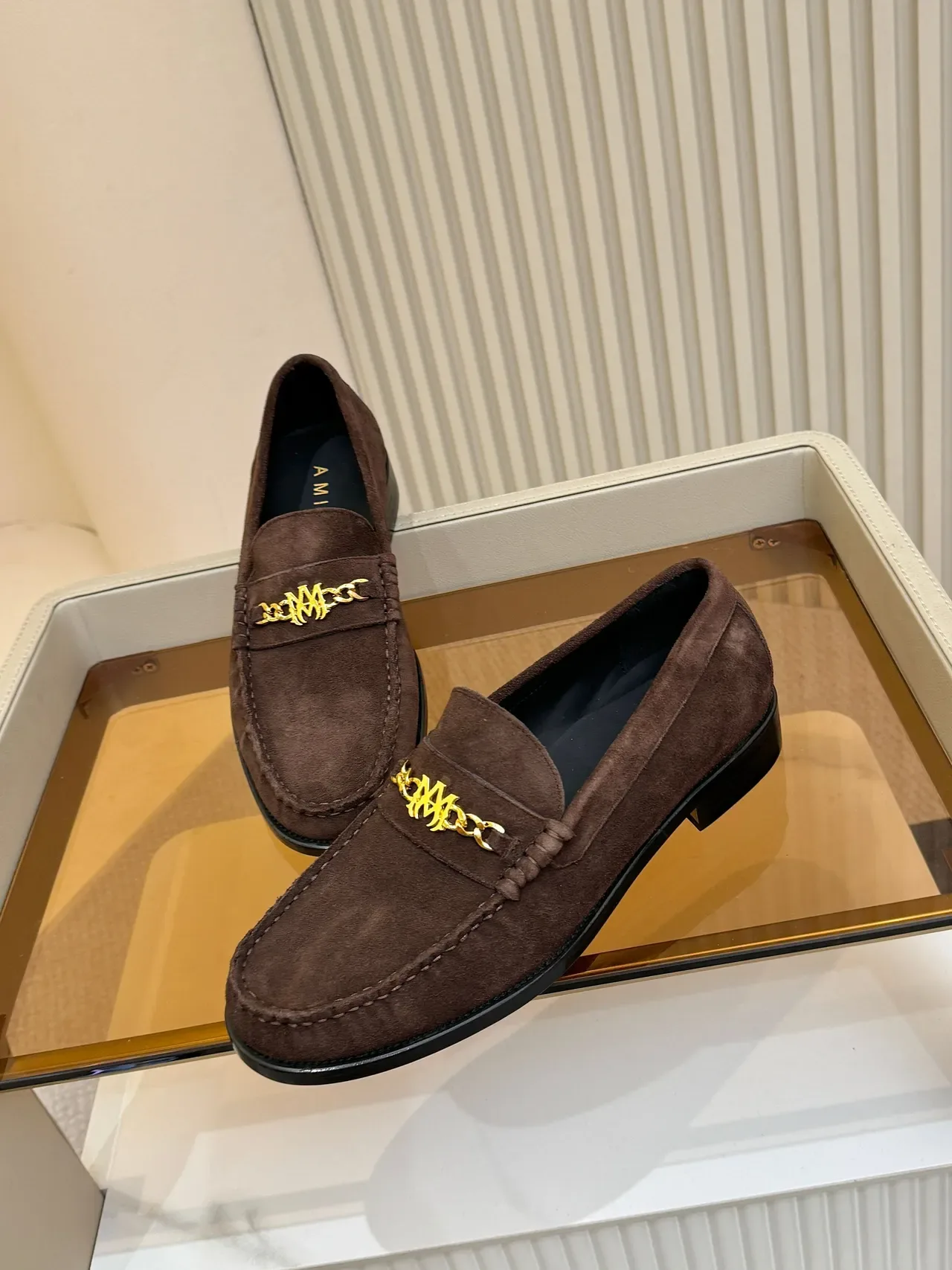 Brown Gold Suede Upper Chain-Link Logo Hardware Loafer 5