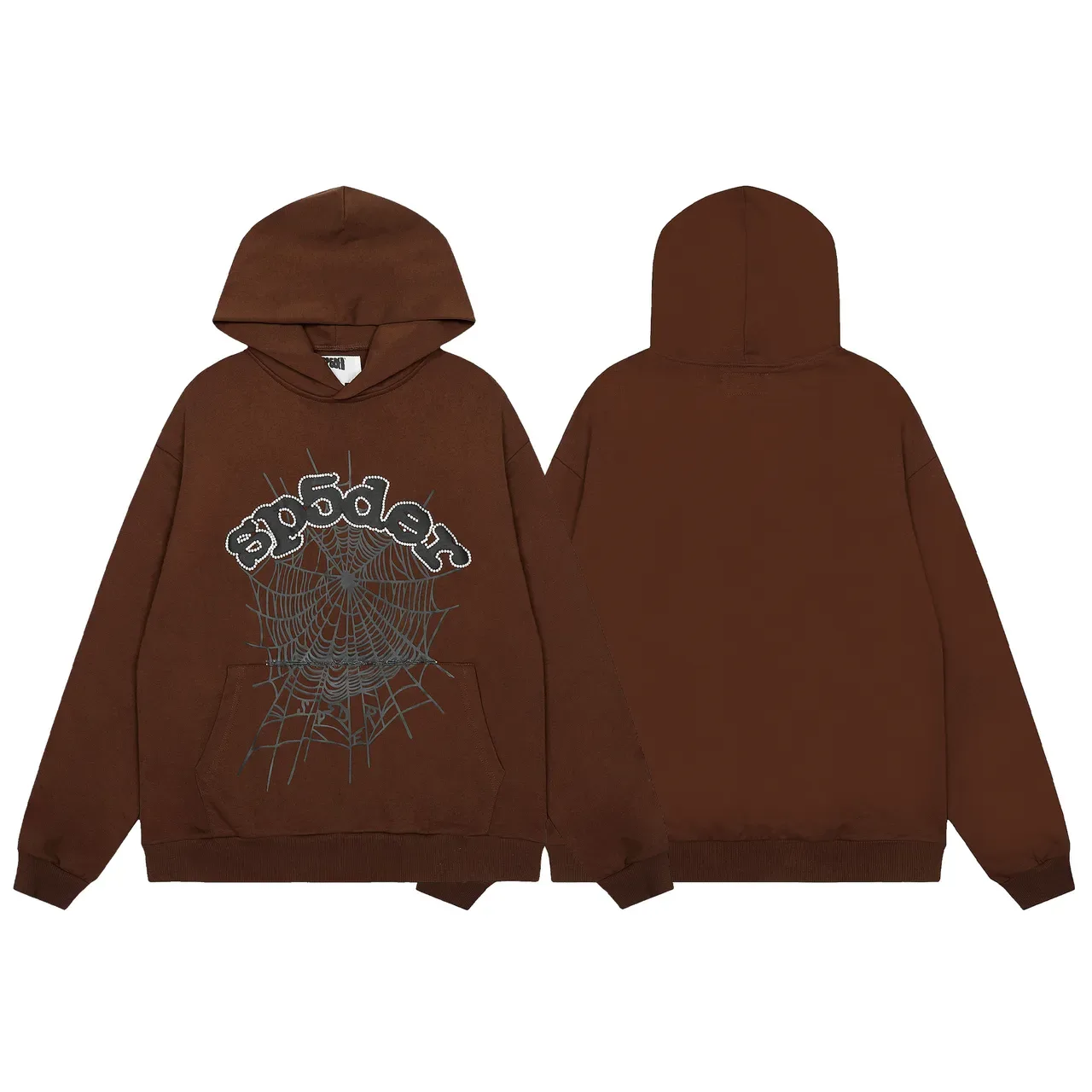 Brown Graphic Spiderweb Beaded Lettering Hoodie 2