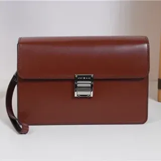 Brown Silver Structured Leather Flap-Top Wristlet