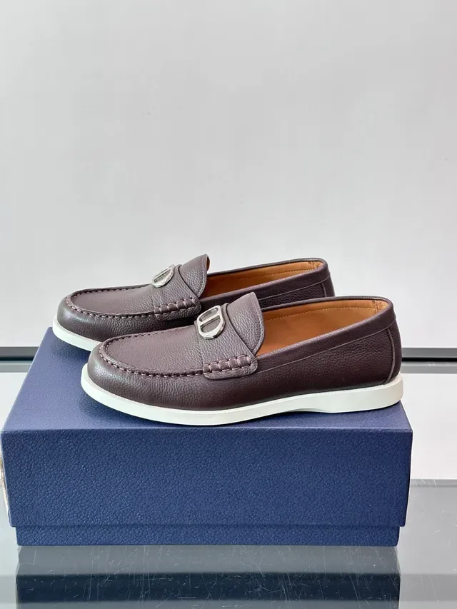 Marron Blanc Cuir Texturé Boucle Métal Mocassin 5