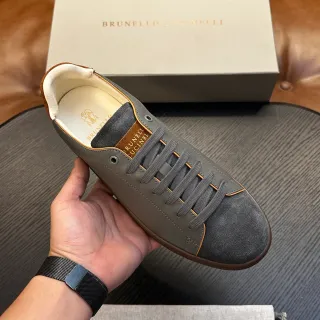 Brunello Cucinelli भूरा सुड और चमड़ा लेस-अप कैजुअल जूते