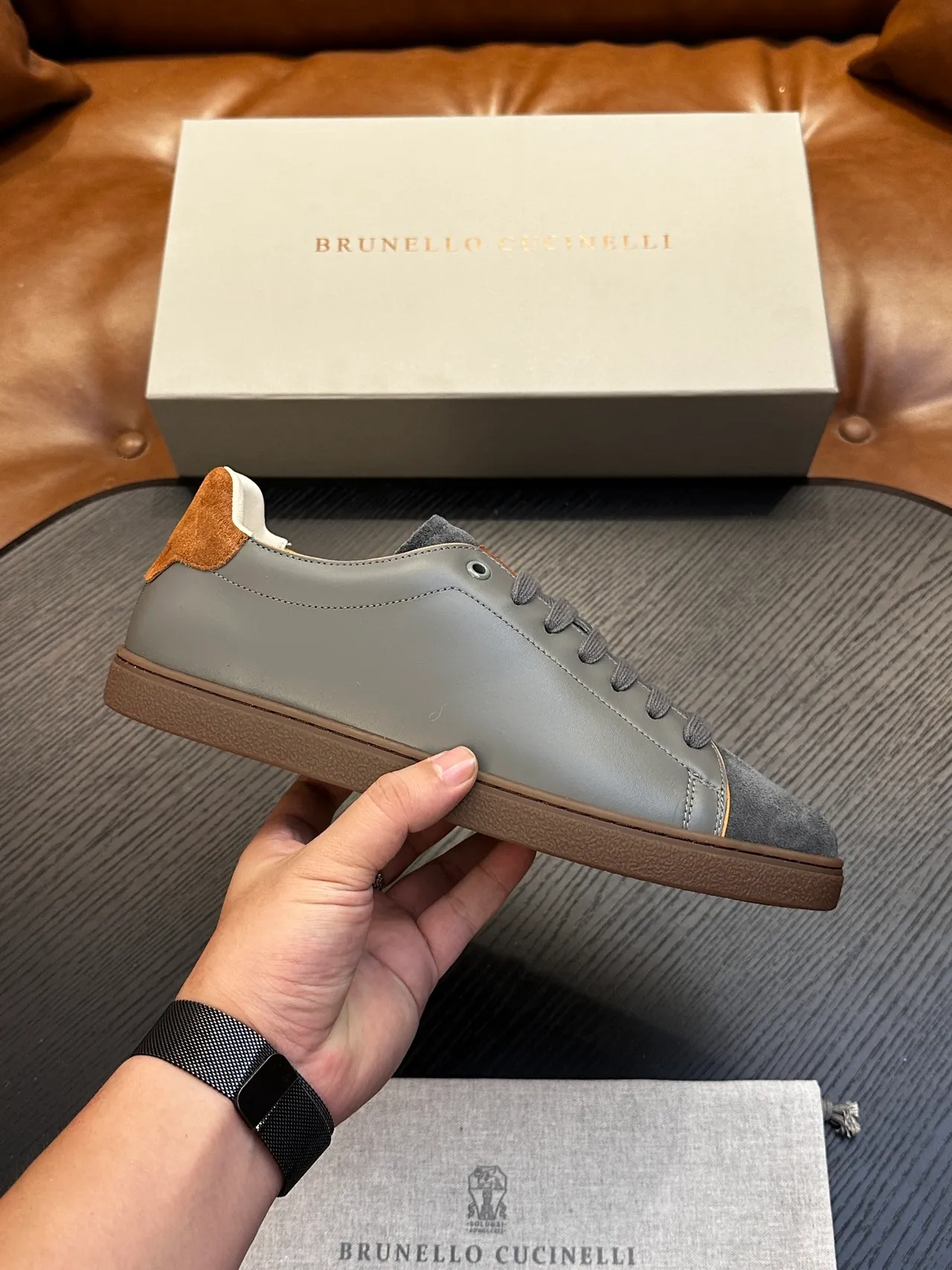 Brunello Cucinelli Gray Suede and Leather Lace-Up Casual Shoes 2