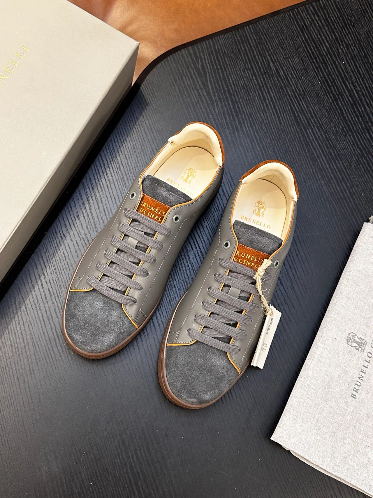 Brunello Cucinelli Gray Suede and Leather Lace-Up Casual Shoes 3