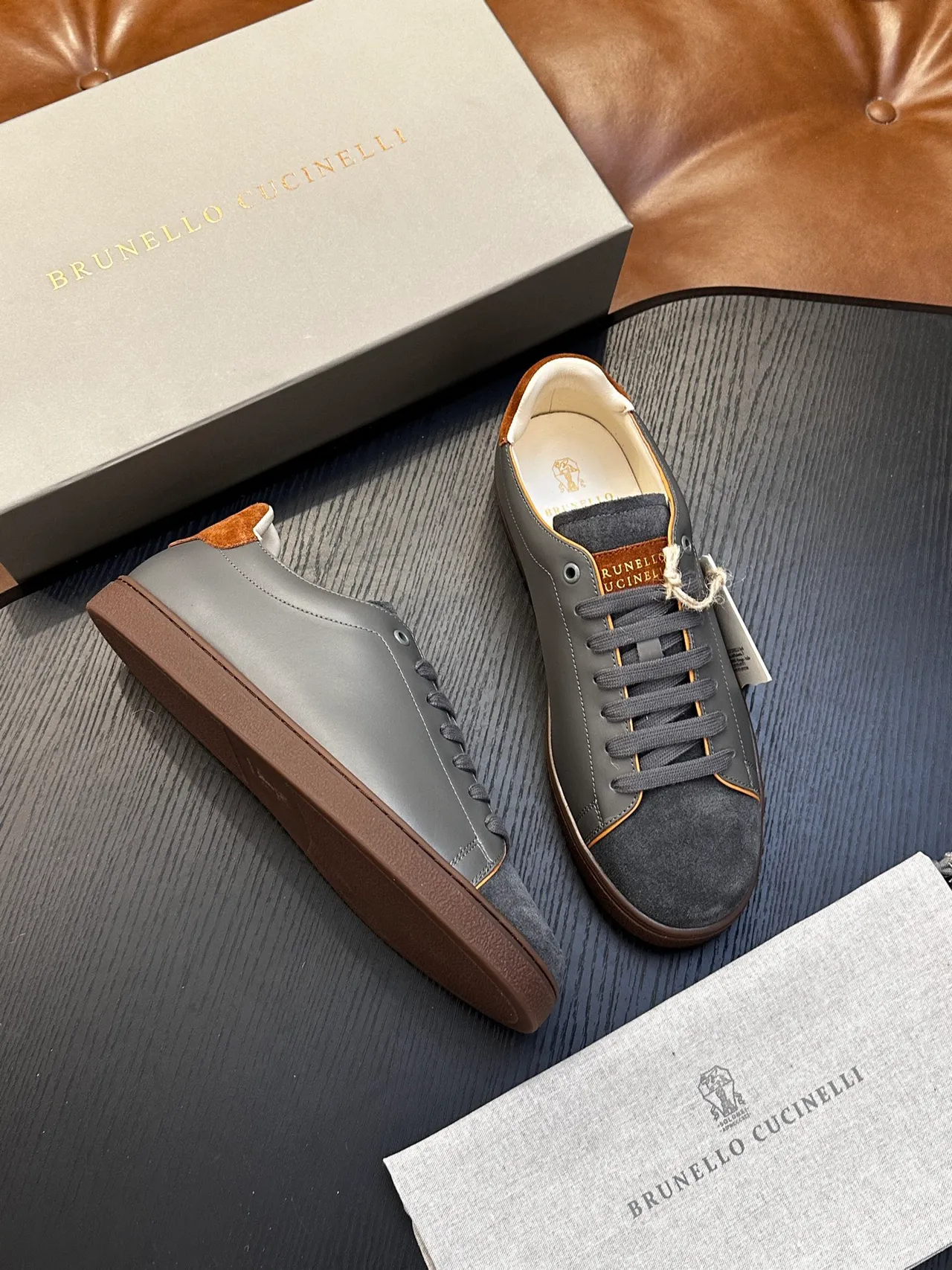 Brunello Cucinelli Gray Suede and Leather Lace-Up Casual Shoes 4