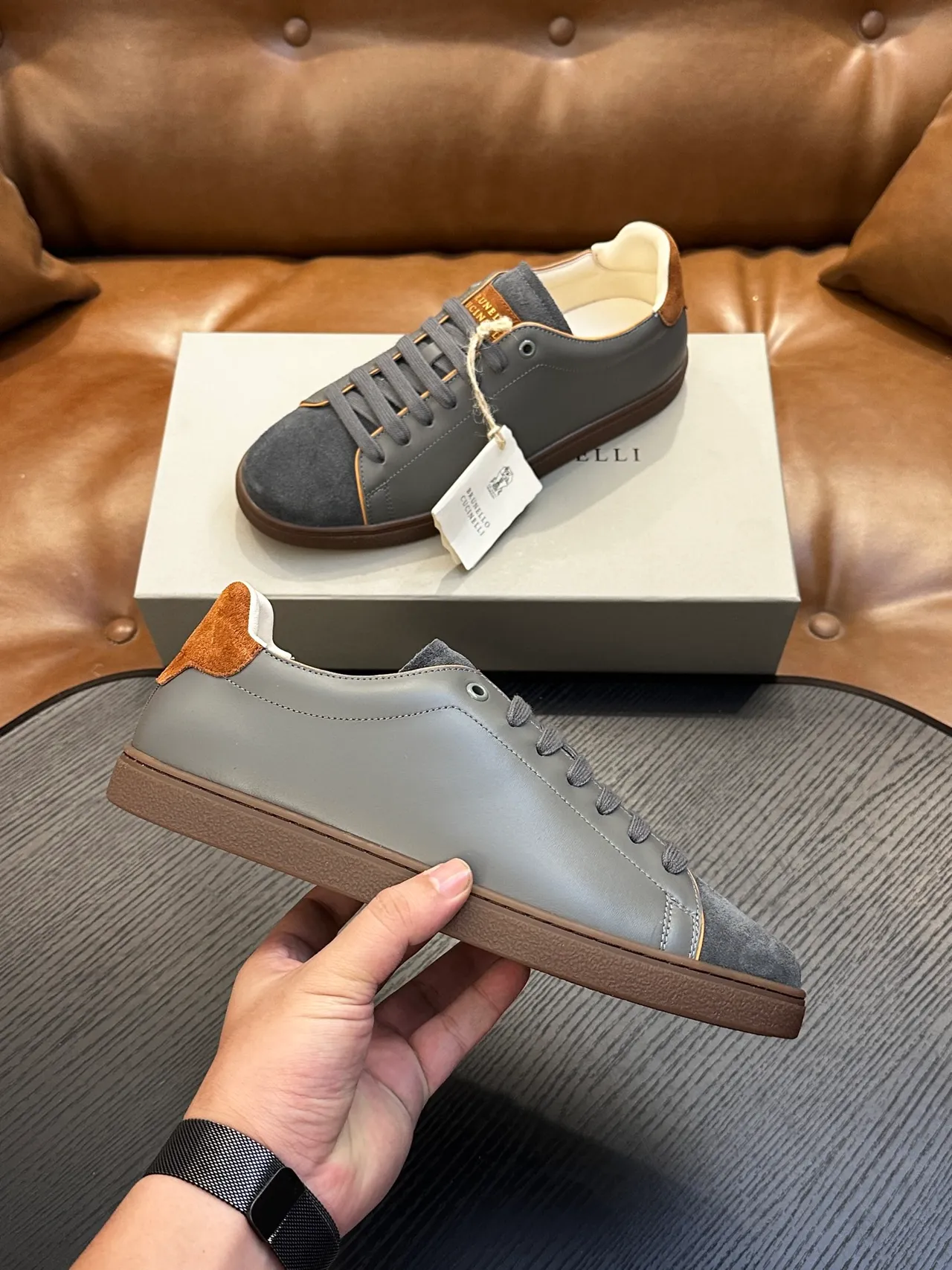 Brunello Cucinelli Gray Suede and Leather Lace-Up Casual Shoes 5