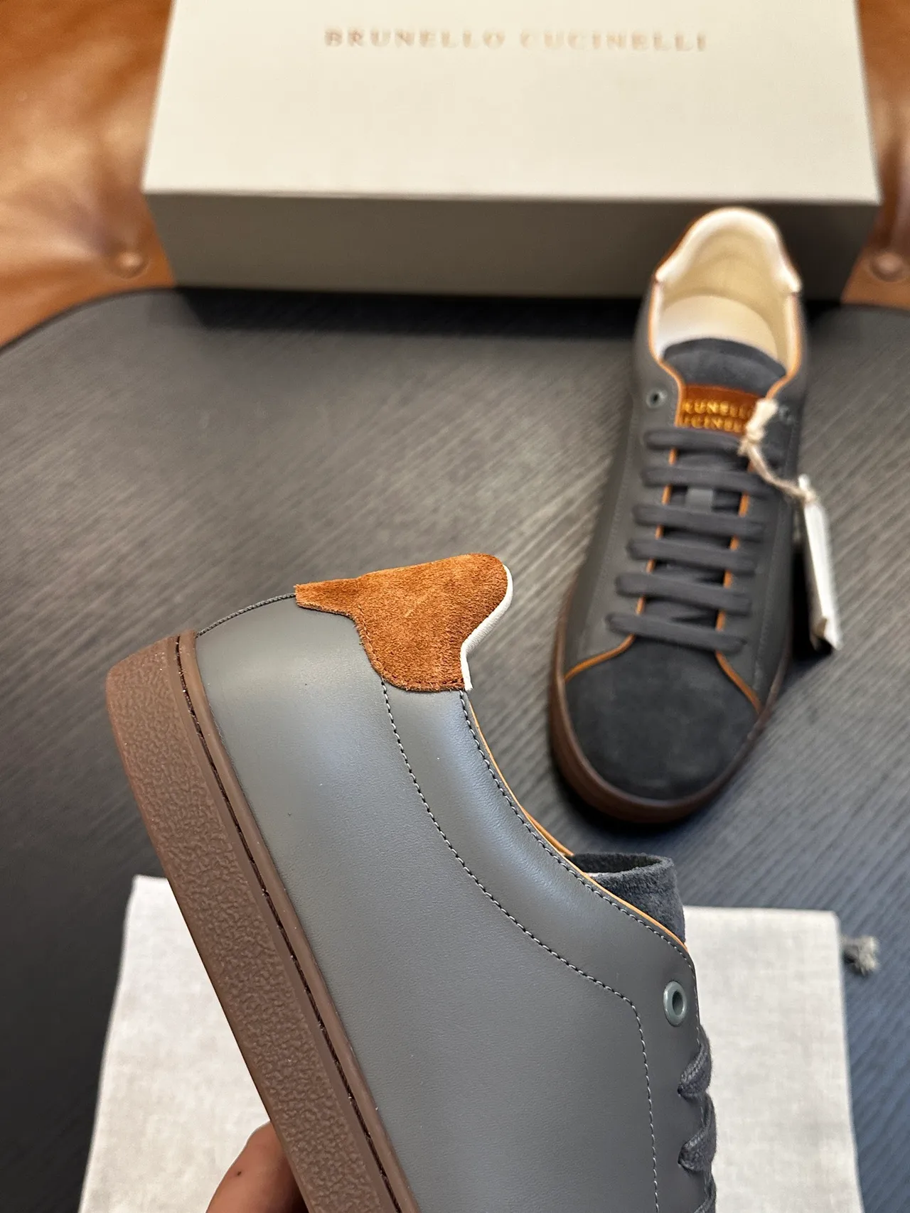 Brunello Cucinelli Gray Suede and Leather Lace-Up Casual Shoes 7