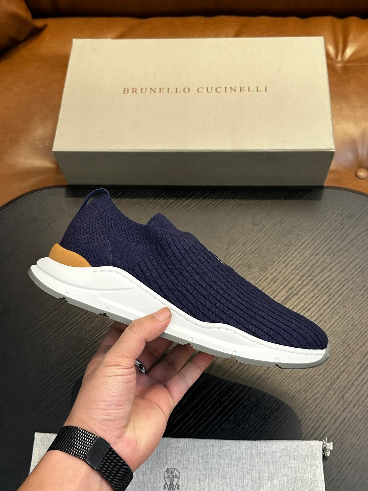 Brunello Cucinelli Navy Ribbed Knit Slip-On Casual Shoes 2