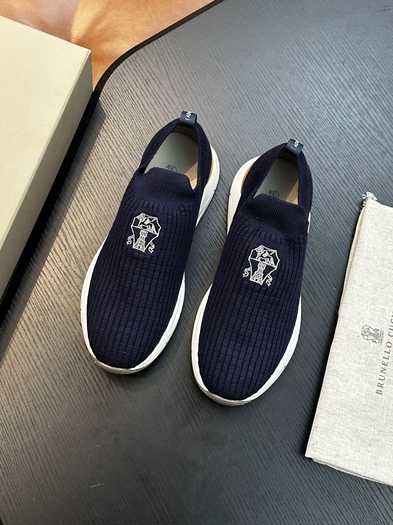 Brunello Cucinelli Navy Ribbed Knit Slip-On Casual Shoes 3