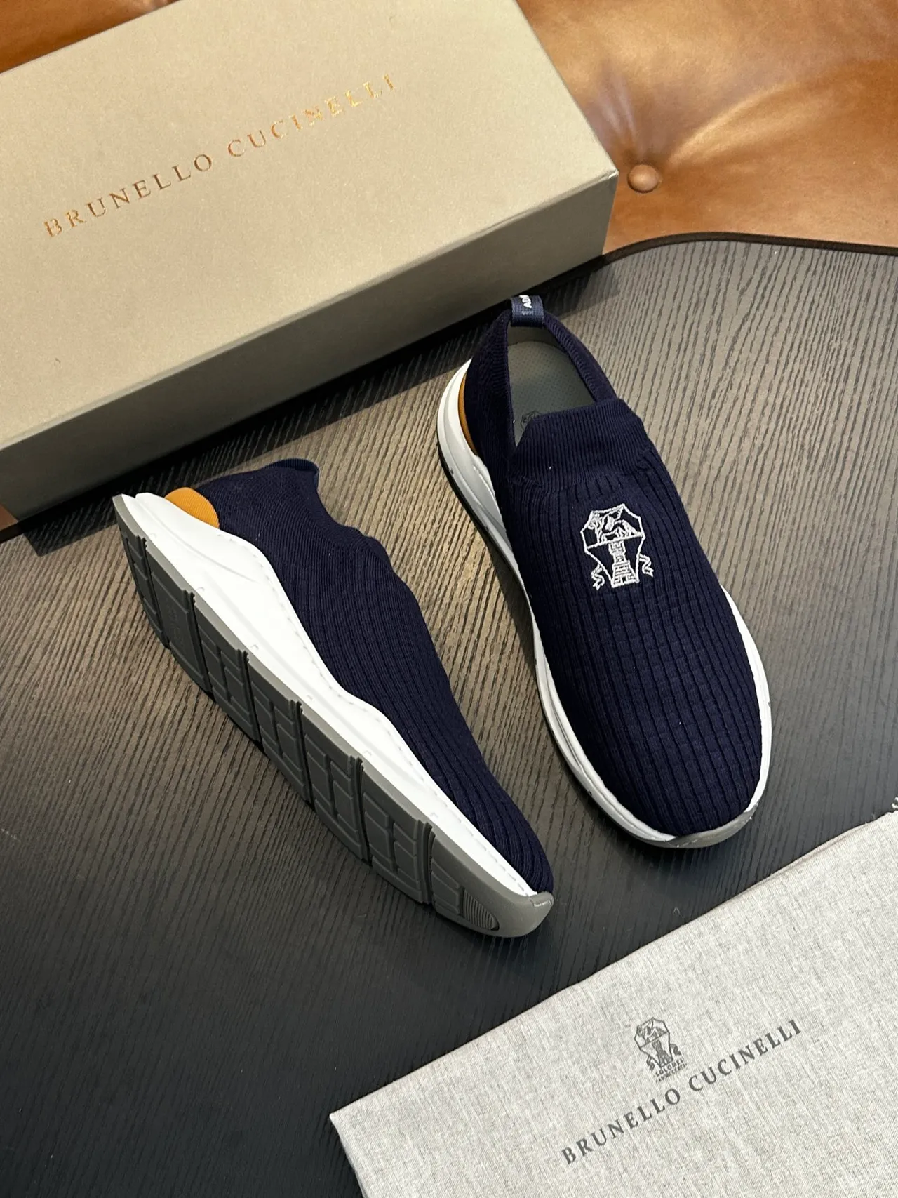 Brunello Cucinelli Navy Ribbed Knit Slip-On Casual Shoes 4