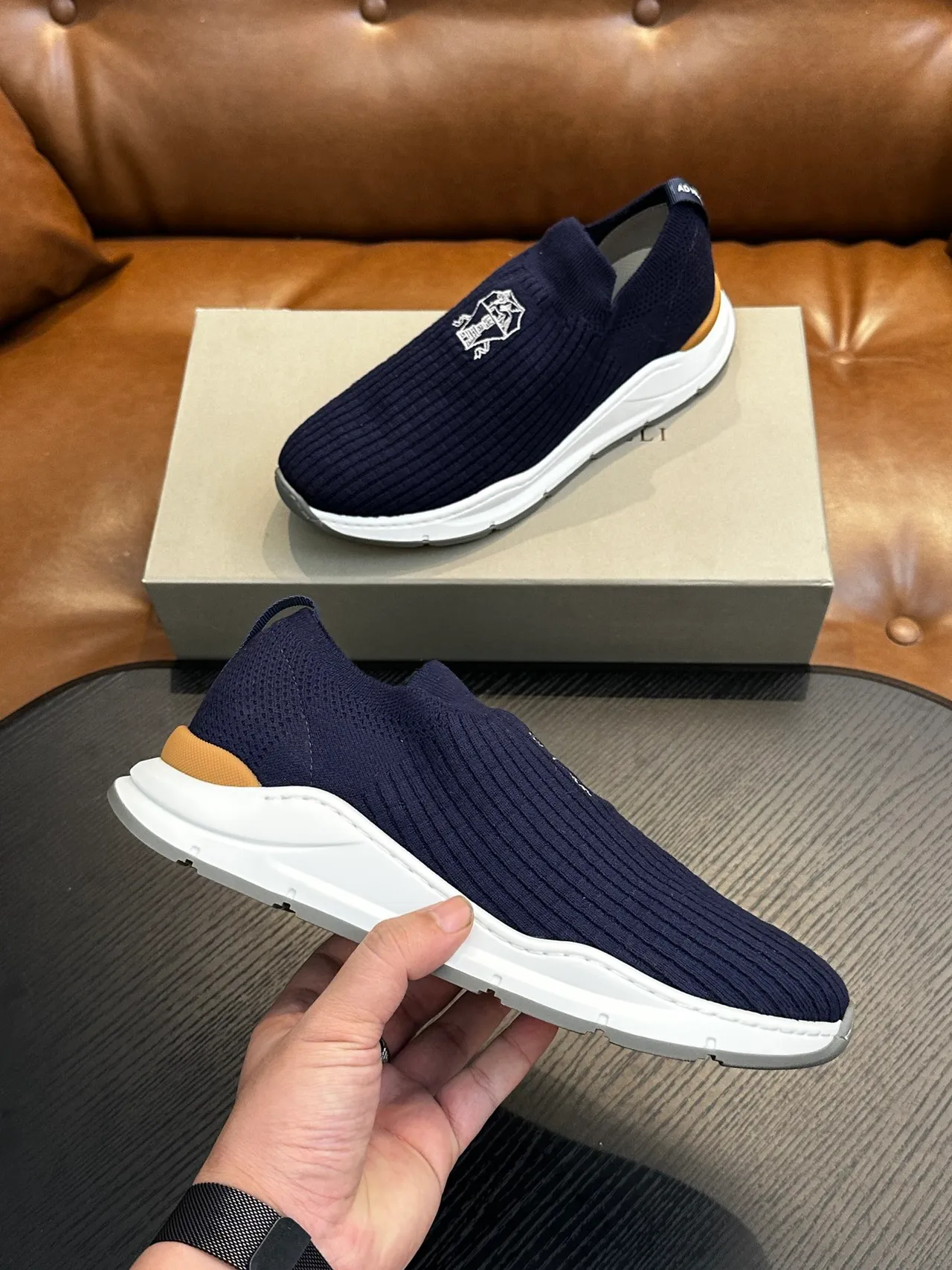 Brunello Cucinelli Navy Ribbed Knit Slip-On Casual Shoes 5