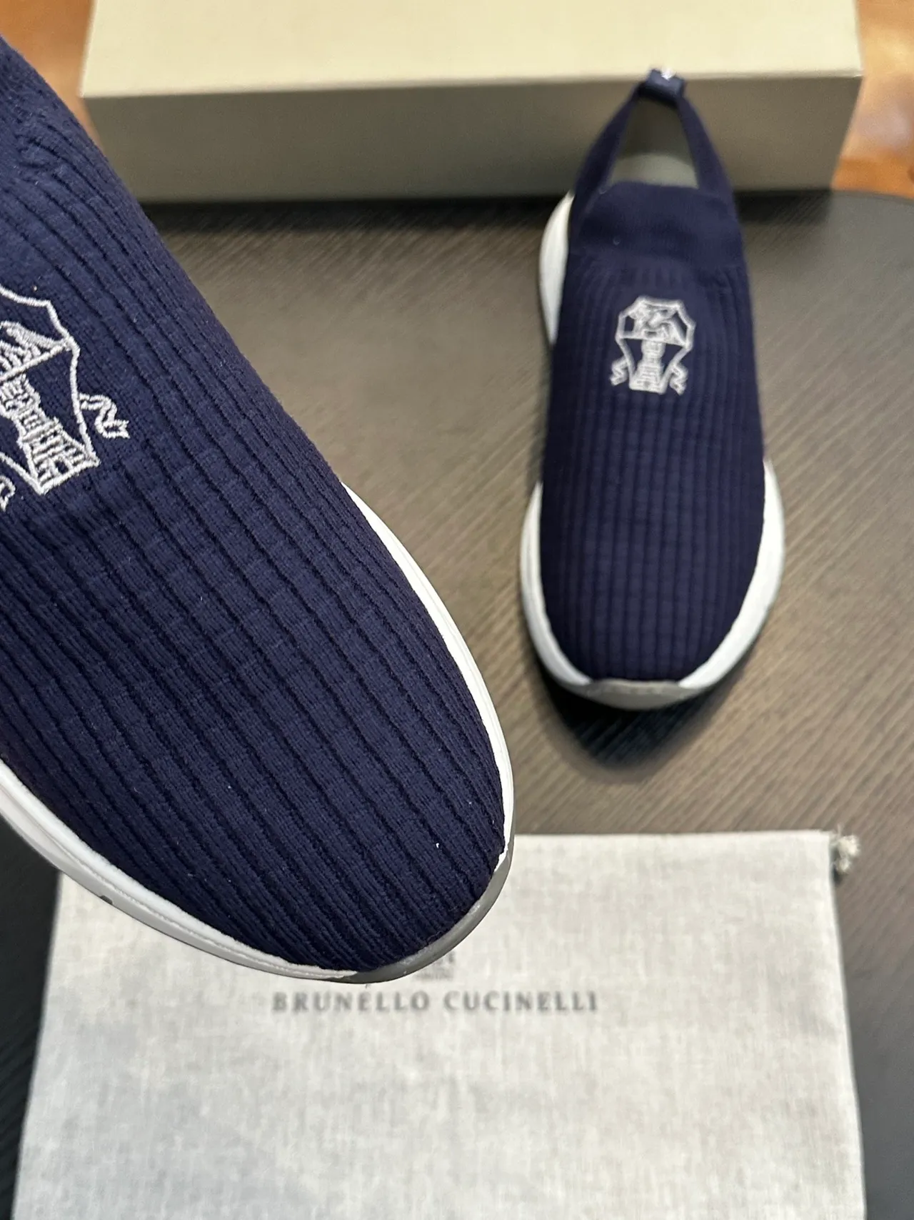 Brunello Cucinelli Navy Ribbed Knit Slip-On Casual Shoes 6