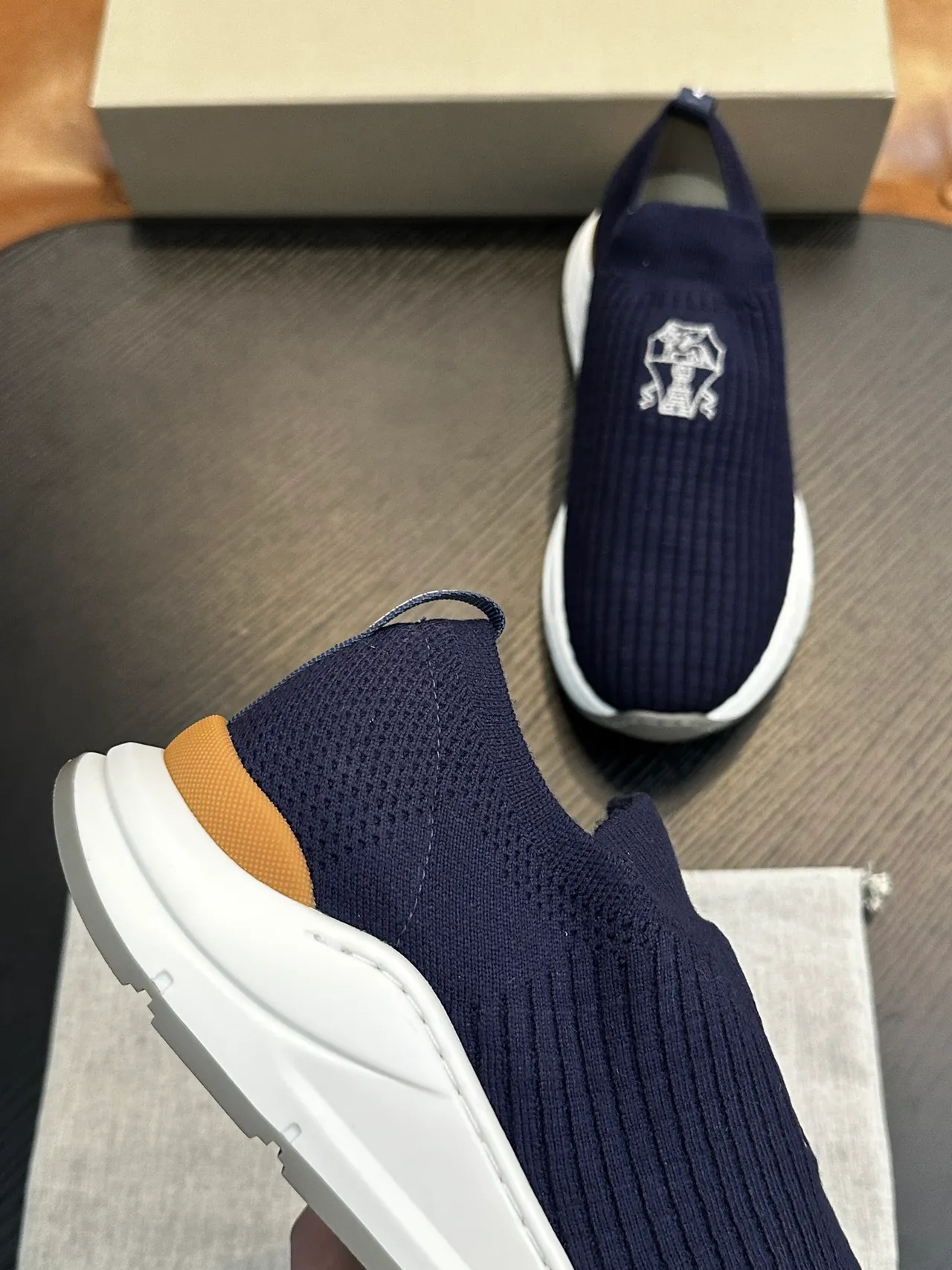 Brunello Cucinelli Navy Ribbed Knit Slip-On Casual Shoes 7