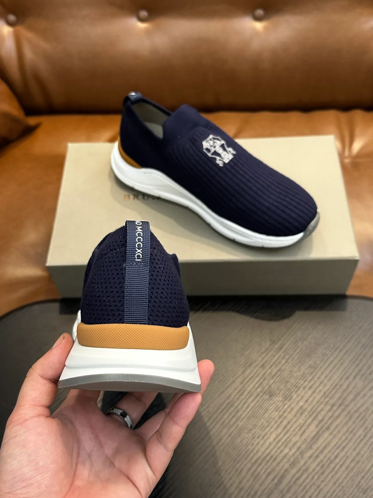 Brunello Cucinelli Navy Ribbed Knit Slip-On Casual Shoes 8